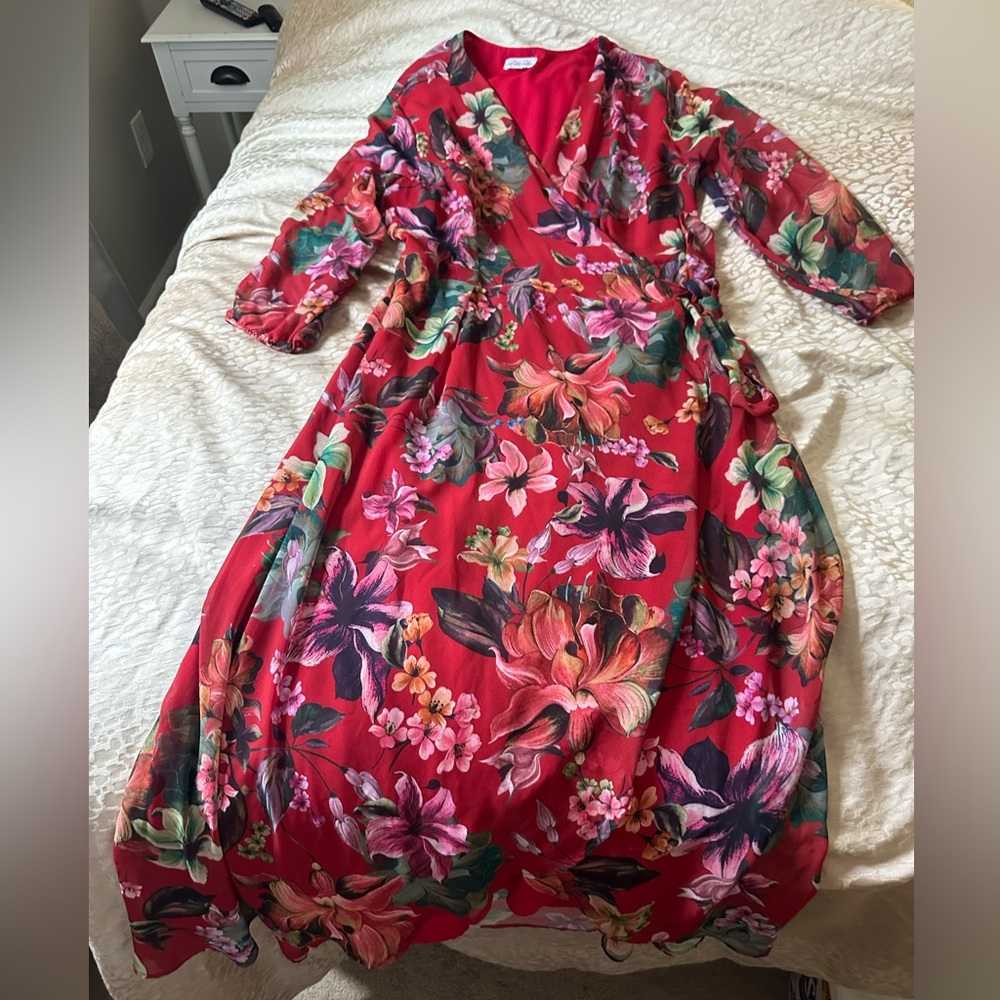 Red long wrap dress